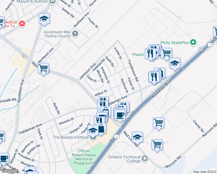 map of restaurants, bars, coffee shops, grocery stores, and more near 1912 Greymont Street in Philadelphia