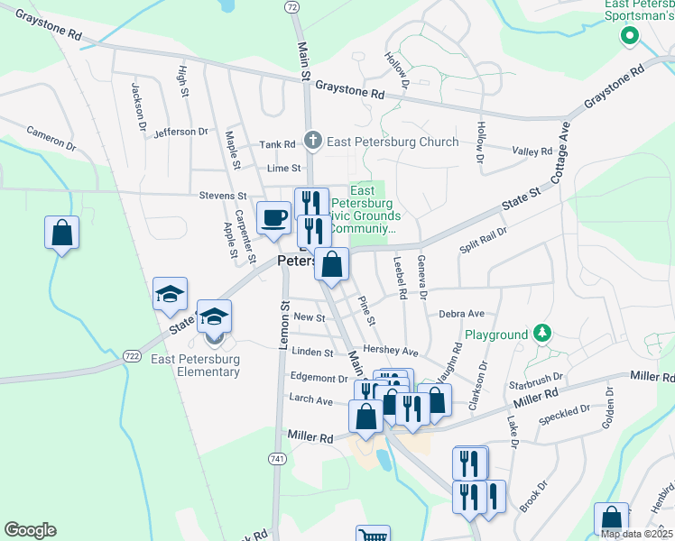 map of restaurants, bars, coffee shops, grocery stores, and more near 2 Cedar Street in East Petersburg