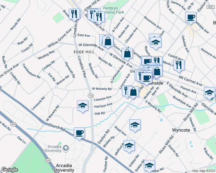 map of restaurants, bars, coffee shops, grocery stores, and more near 211 West Waverly Road in Glenside