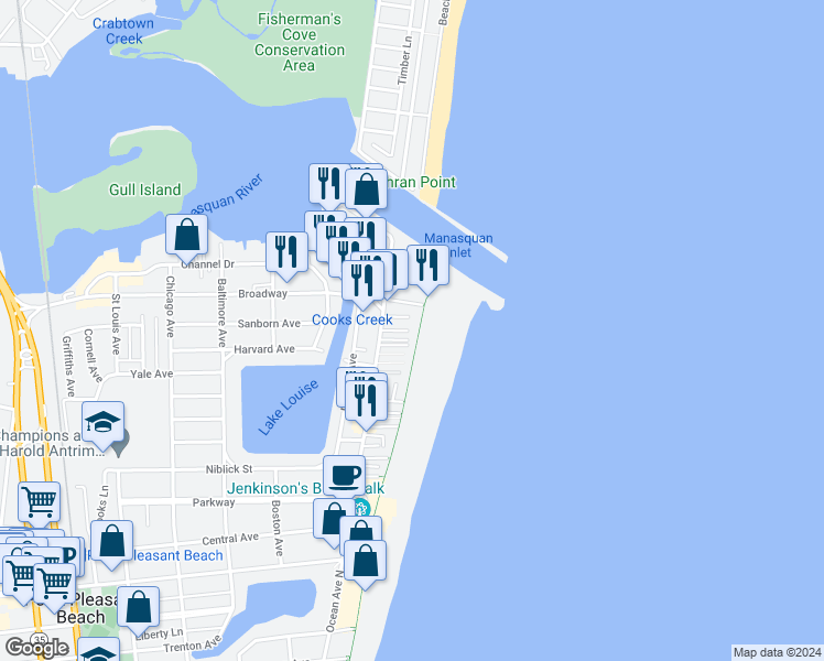 map of restaurants, bars, coffee shops, grocery stores, and more near 5 Bowling Green in Point Pleasant Beach