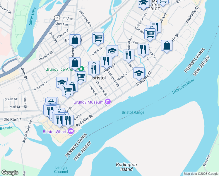 map of restaurants, bars, coffee shops, grocery stores, and more near 217 Washington Street in Bristol