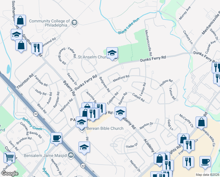 map of restaurants, bars, coffee shops, grocery stores, and more near 12600 Richton Road in Philadelphia
