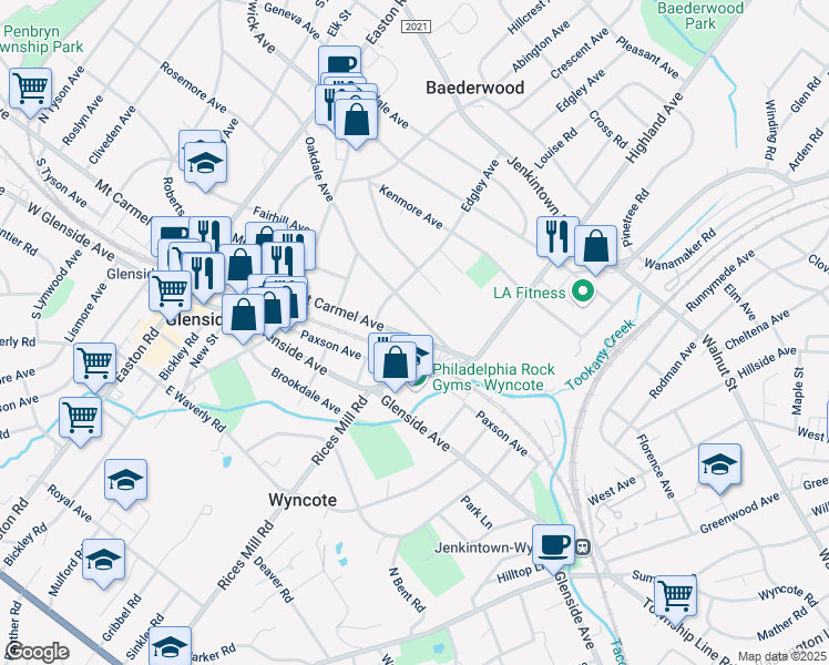map of restaurants, bars, coffee shops, grocery stores, and more near 2047 Mount Carmel Avenue in Glenside