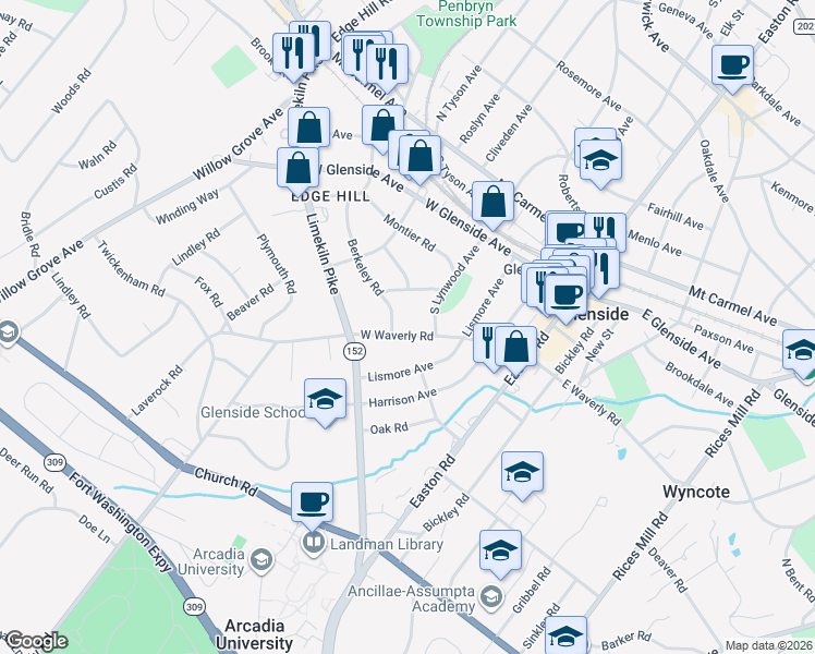 map of restaurants, bars, coffee shops, grocery stores, and more near 341 West Waverly Road in Glenside