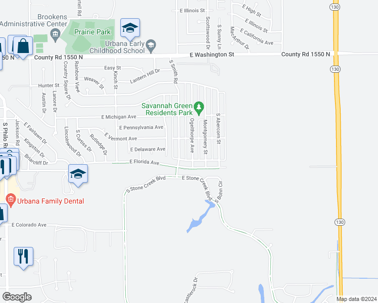 map of restaurants, bars, coffee shops, grocery stores, and more near 1602 Ogelthorpe Avenue in Urbana
