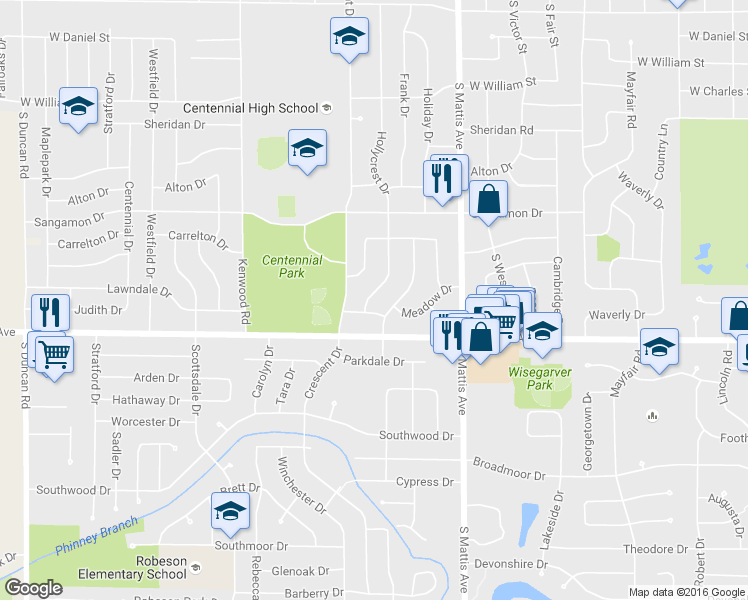 map of restaurants, bars, coffee shops, grocery stores, and more near 1419 Hollycrest Drive in Champaign