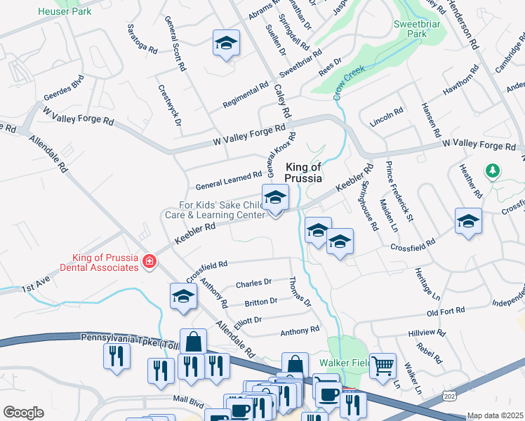 map of restaurants, bars, coffee shops, grocery stores, and more near 507 Keebler Road in King of Prussia