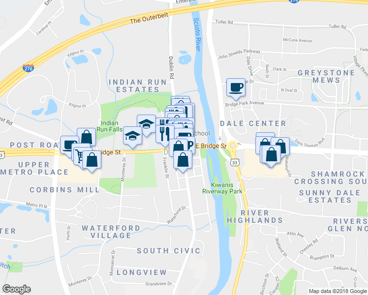 map of restaurants, bars, coffee shops, grocery stores, and more near 0 Dublin Road in Dublin