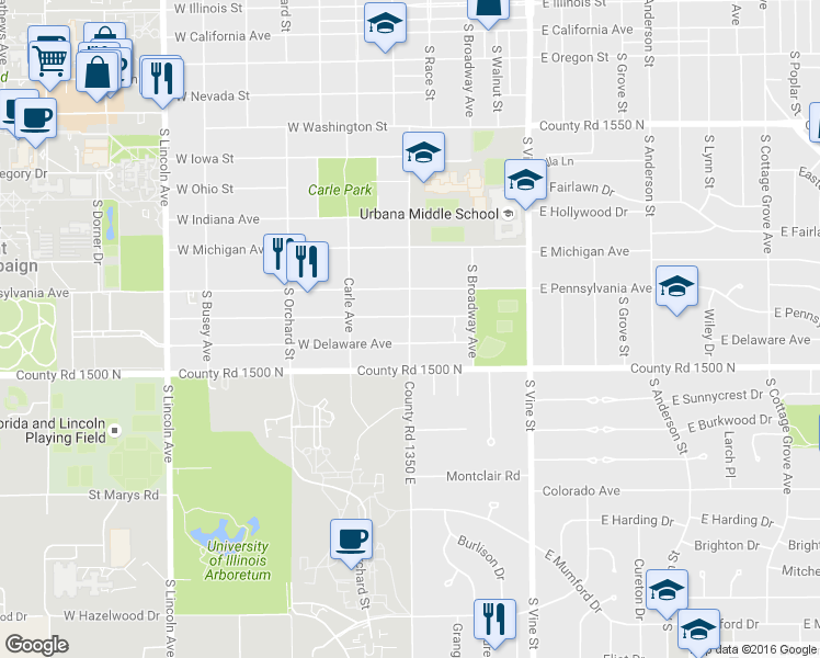 map of restaurants, bars, coffee shops, grocery stores, and more near 1506 South Race Street in Urbana