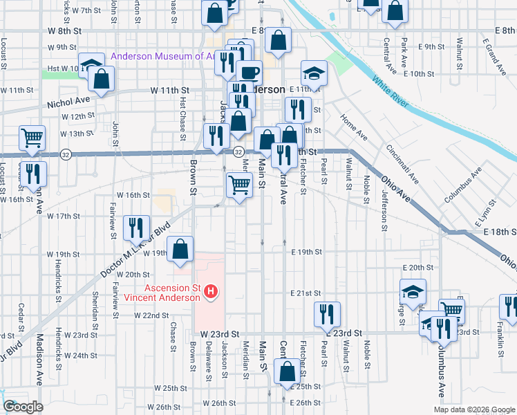 map of restaurants, bars, coffee shops, grocery stores, and more near 1619 Main Street in Anderson