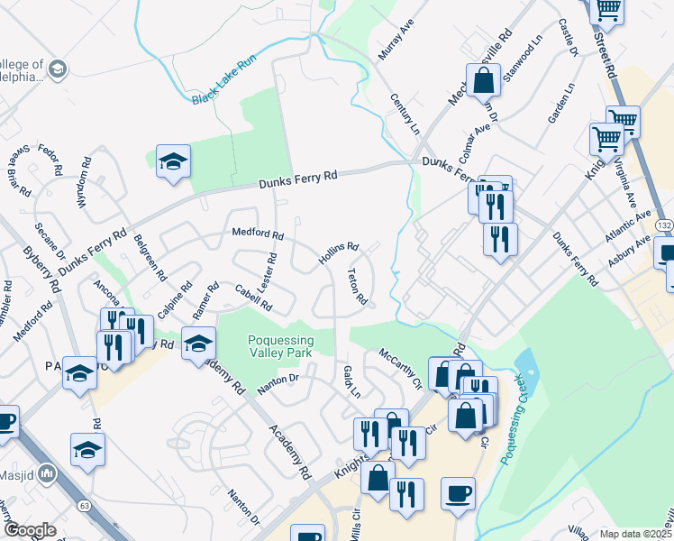 map of restaurants, bars, coffee shops, grocery stores, and more near 12828 Medford Road in Philadelphia