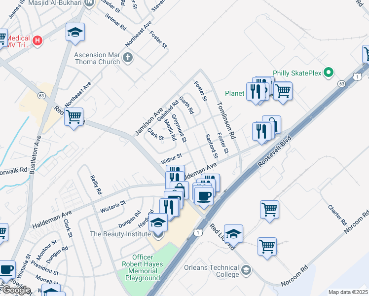 map of restaurants, bars, coffee shops, grocery stores, and more near 1912 Greymont Street in Philadelphia