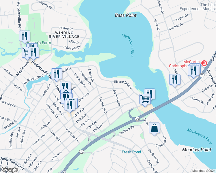 map of restaurants, bars, coffee shops, grocery stores, and more near 177 Riviera Drive in Brick Township