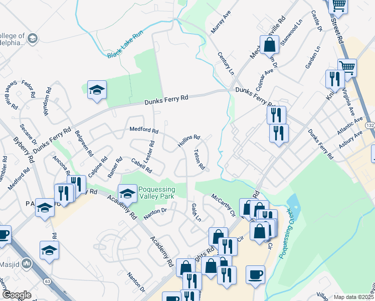 map of restaurants, bars, coffee shops, grocery stores, and more near 12828 Medford Road in Philadelphia