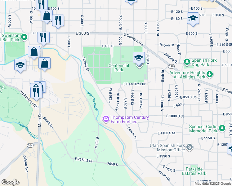 map of restaurants, bars, coffee shops, grocery stores, and more near 563 East Meadow Lark Lane in Spanish Fork