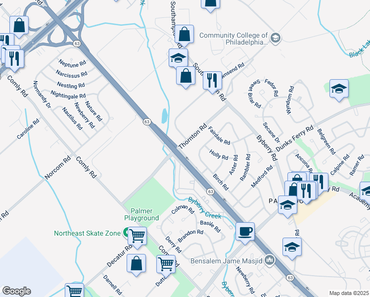 map of restaurants, bars, coffee shops, grocery stores, and more near 12103 Thornton Road in Philadelphia