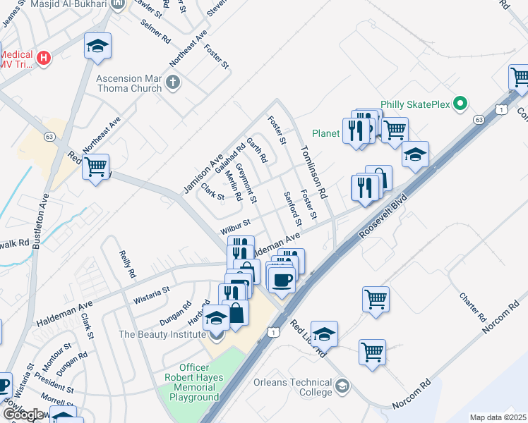 map of restaurants, bars, coffee shops, grocery stores, and more near 1941 Greymont St in Philadelphia