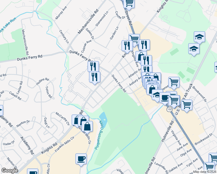 map of restaurants, bars, coffee shops, grocery stores, and more near 2623 Kiansas Avenue in Bensalem