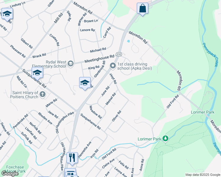 map of restaurants, bars, coffee shops, grocery stores, and more near 1263 June Road in Montgomery County