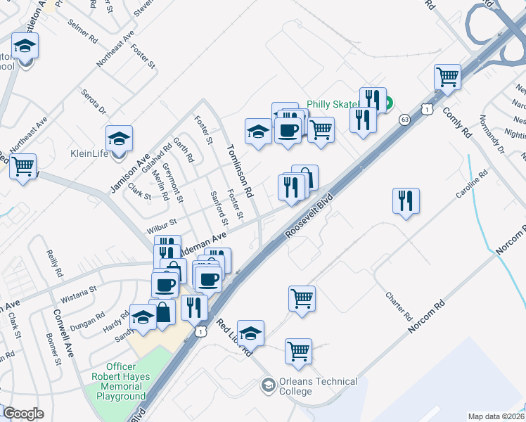 map of restaurants, bars, coffee shops, grocery stores, and more near 2021 Tomlinson Road in Philadelphia