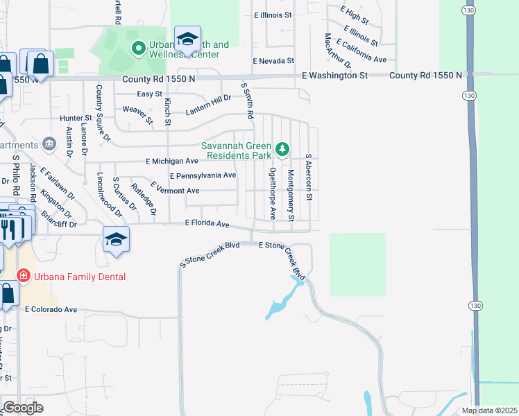 map of restaurants, bars, coffee shops, grocery stores, and more near 1602 South Smith Road in Urbana