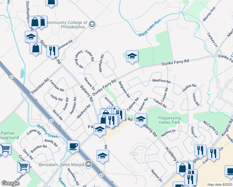 map of restaurants, bars, coffee shops, grocery stores, and more near 12506 Medford Place in Philadelphia