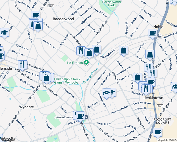 map of restaurants, bars, coffee shops, grocery stores, and more near 367 Stewart Avenue in Jenkintown