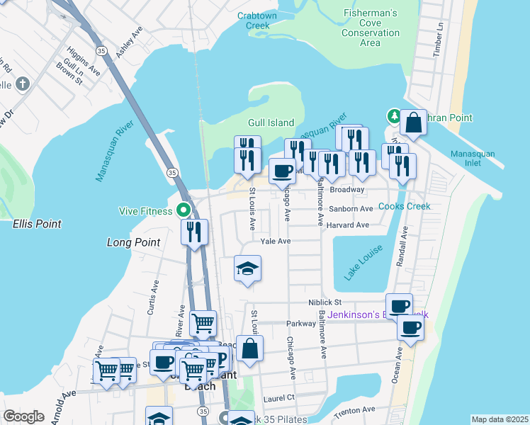 map of restaurants, bars, coffee shops, grocery stores, and more near 105 Dartmouth Avenue in Point Pleasant Beach