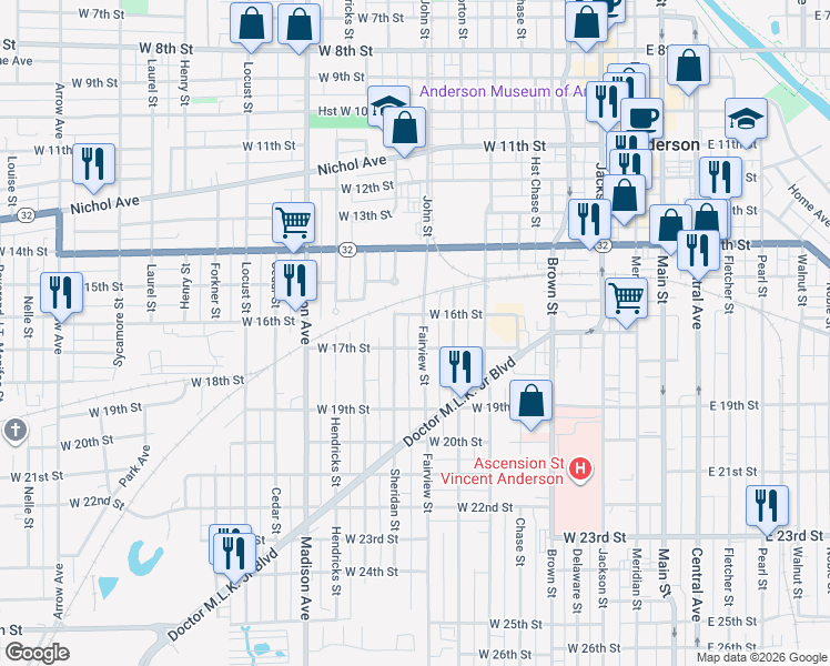 map of restaurants, bars, coffee shops, grocery stores, and more near 1621 Fairview Street in Anderson