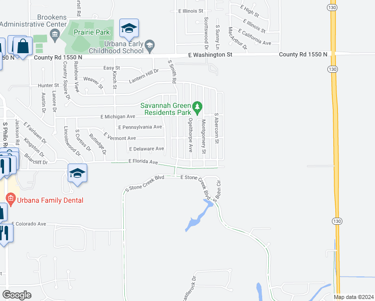 map of restaurants, bars, coffee shops, grocery stores, and more near 1602 Ogelthorpe Avenue in Urbana