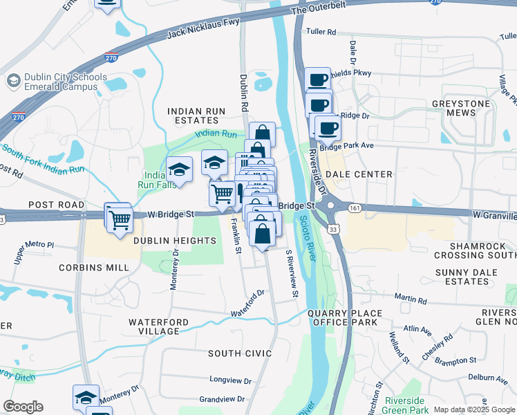 map of restaurants, bars, coffee shops, grocery stores, and more near 0 Ohio 745 in Dublin
