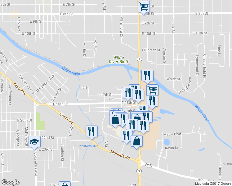 map of restaurants, bars, coffee shops, grocery stores, and more near 1730 East 17th Street in Anderson