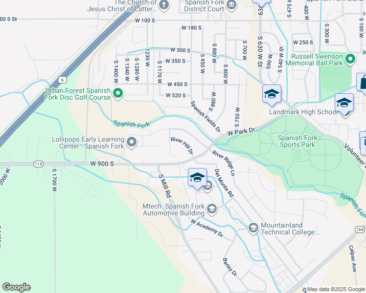map of restaurants, bars, coffee shops, grocery stores, and more near 1023 River Hill Drive in Spanish Fork