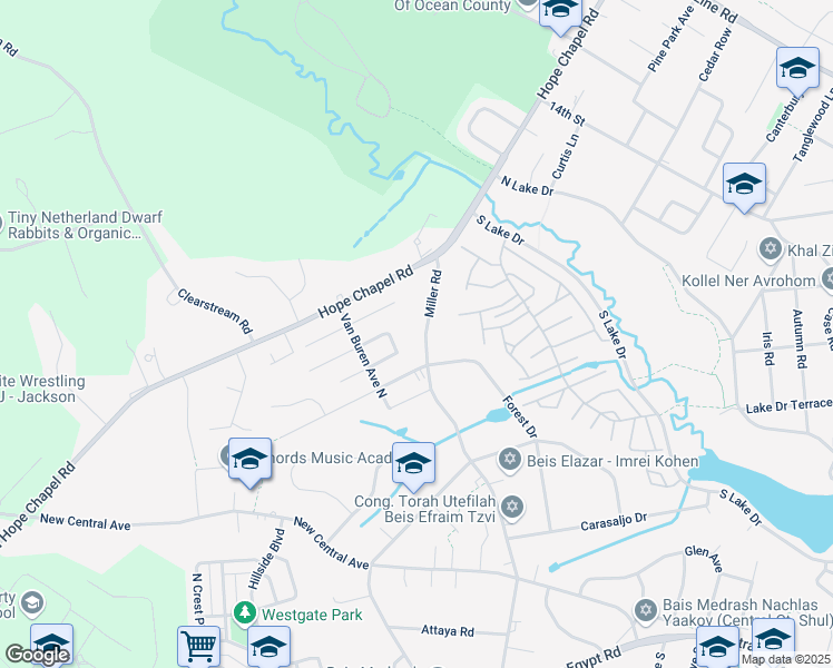 map of restaurants, bars, coffee shops, grocery stores, and more near 300 Miller Road in Lakewood