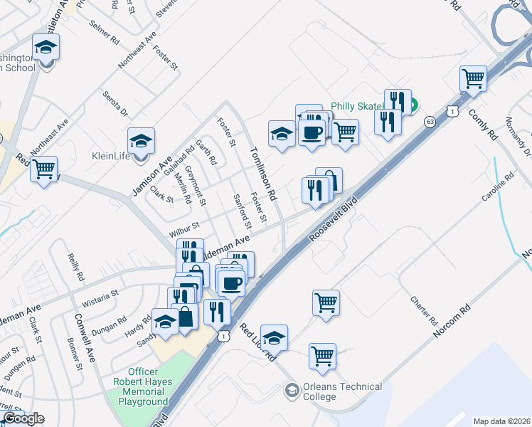 map of restaurants, bars, coffee shops, grocery stores, and more near 2015 Foster Street in Philadelphia