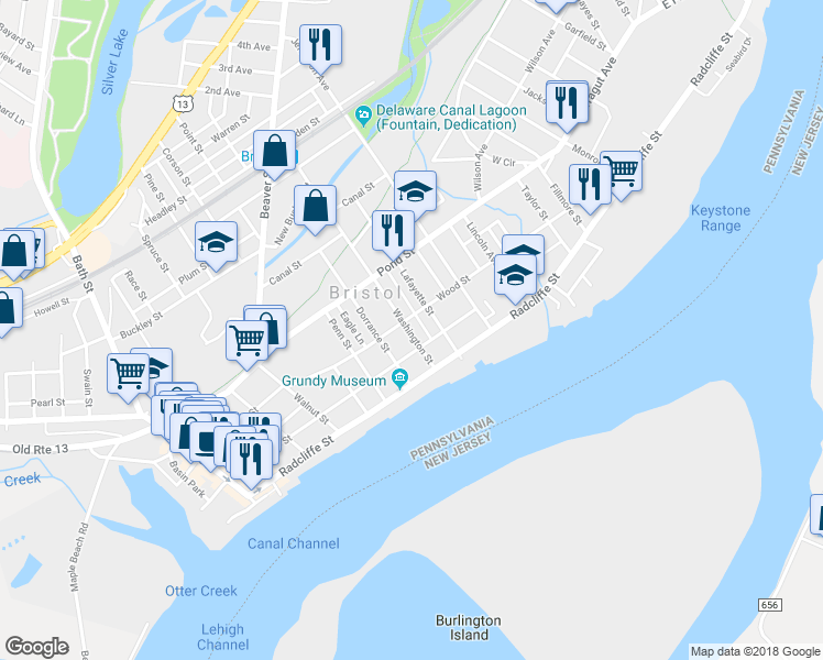 map of restaurants, bars, coffee shops, grocery stores, and more near 217 Washington Street in Bristol