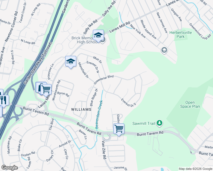 map of restaurants, bars, coffee shops, grocery stores, and more near 7 Vernon Court in Brick Township