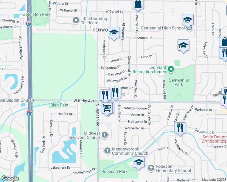 map of restaurants, bars, coffee shops, grocery stores, and more near 1504 Bellepark Drive in Champaign