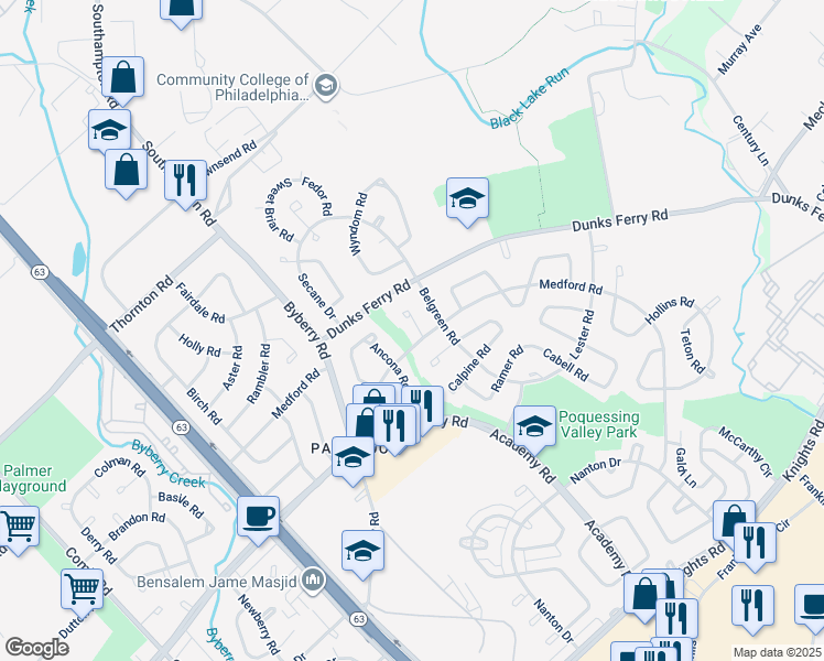 map of restaurants, bars, coffee shops, grocery stores, and more near 12506 Medford Place in Philadelphia