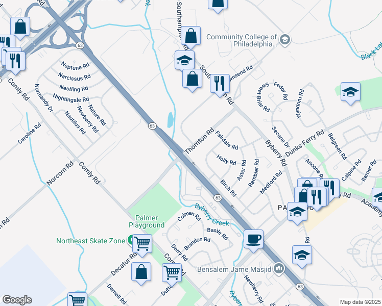 map of restaurants, bars, coffee shops, grocery stores, and more near 12103 Thornton Road in Philadelphia