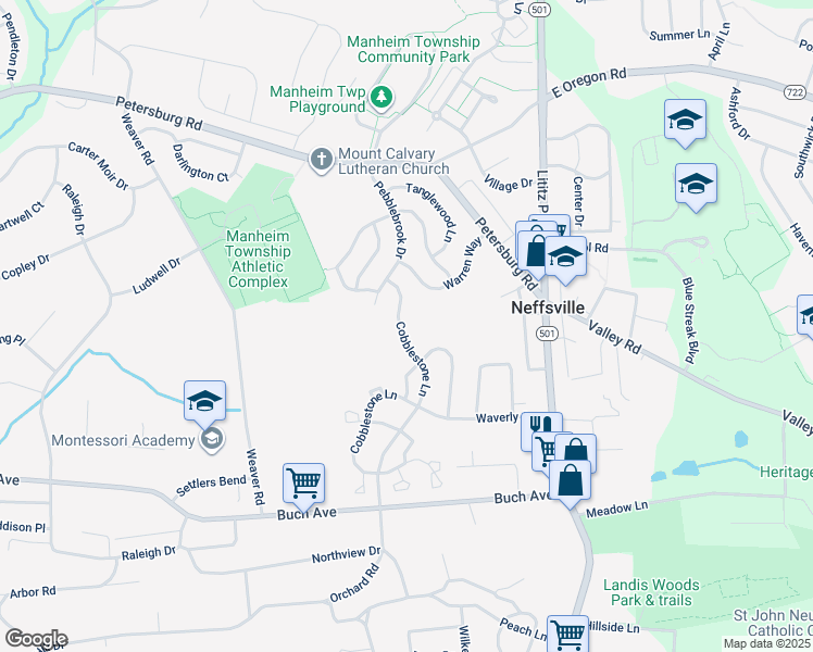 map of restaurants, bars, coffee shops, grocery stores, and more near 2761 Cobblestone Ln in Lancaster
