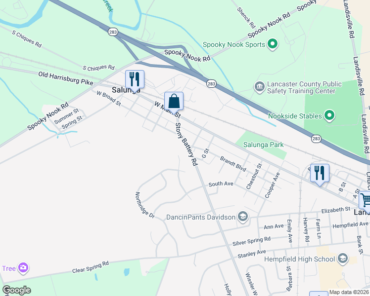 map of restaurants, bars, coffee shops, grocery stores, and more near 144 Stony Battery Road in Salunga-Landisville