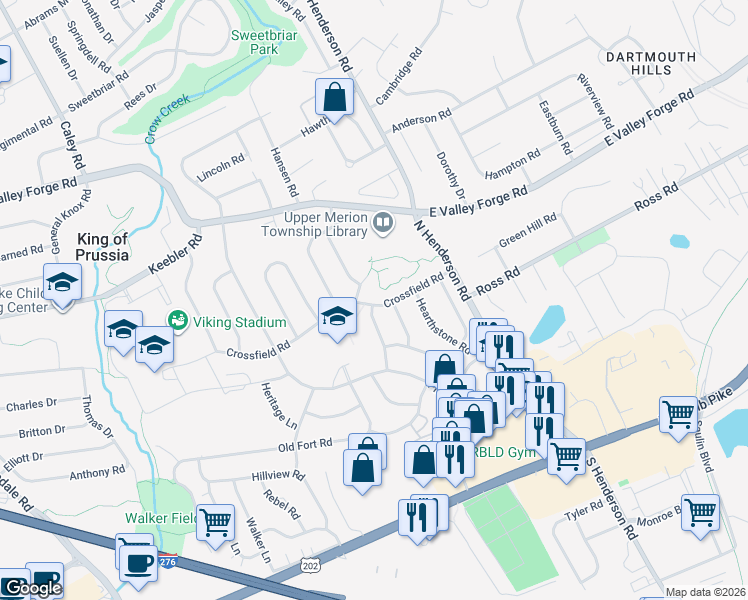 map of restaurants, bars, coffee shops, grocery stores, and more near 206 Crossfield Road in King of Prussia