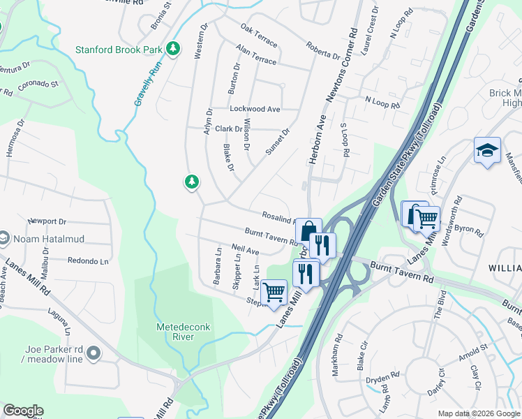 map of restaurants, bars, coffee shops, grocery stores, and more near 27 Rosalind Road in Brick Township