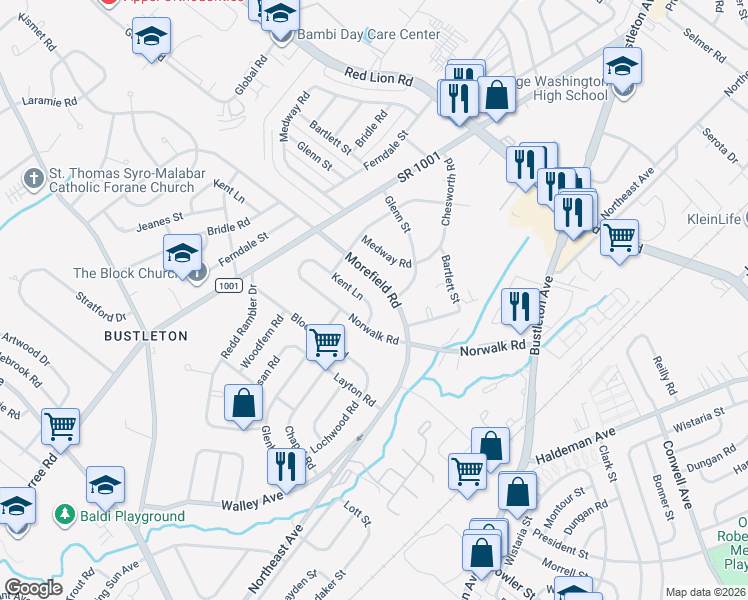map of restaurants, bars, coffee shops, grocery stores, and more near 1135 Kent Lane in Philadelphia