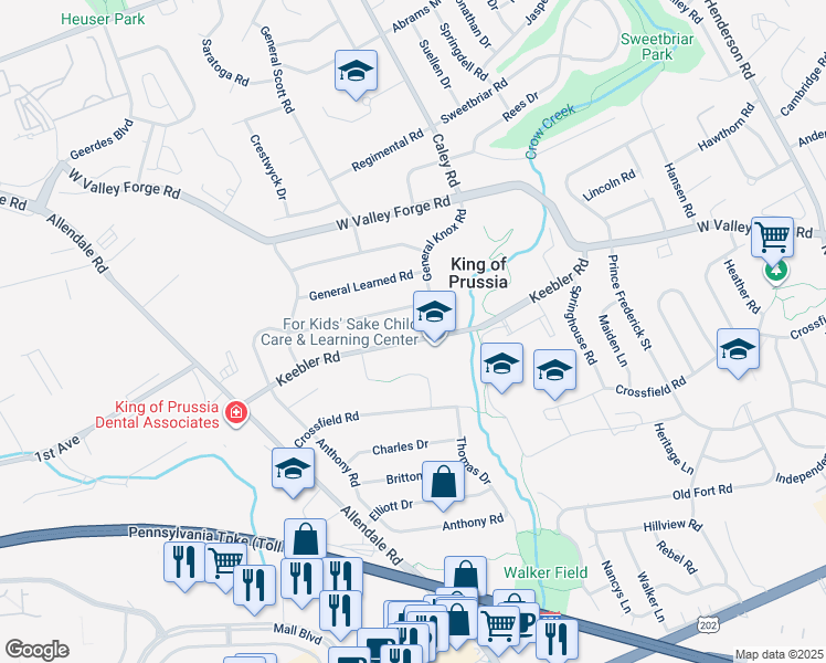 map of restaurants, bars, coffee shops, grocery stores, and more near 507 Keebler Road in King of Prussia