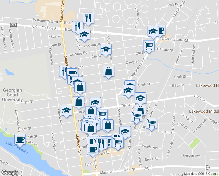 map of restaurants, bars, coffee shops, grocery stores, and more near 117 9th Street in Lakewood