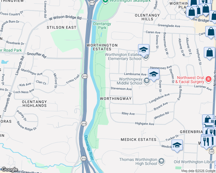 map of restaurants, bars, coffee shops, grocery stores, and more near 6605 Masefield St in Worthington