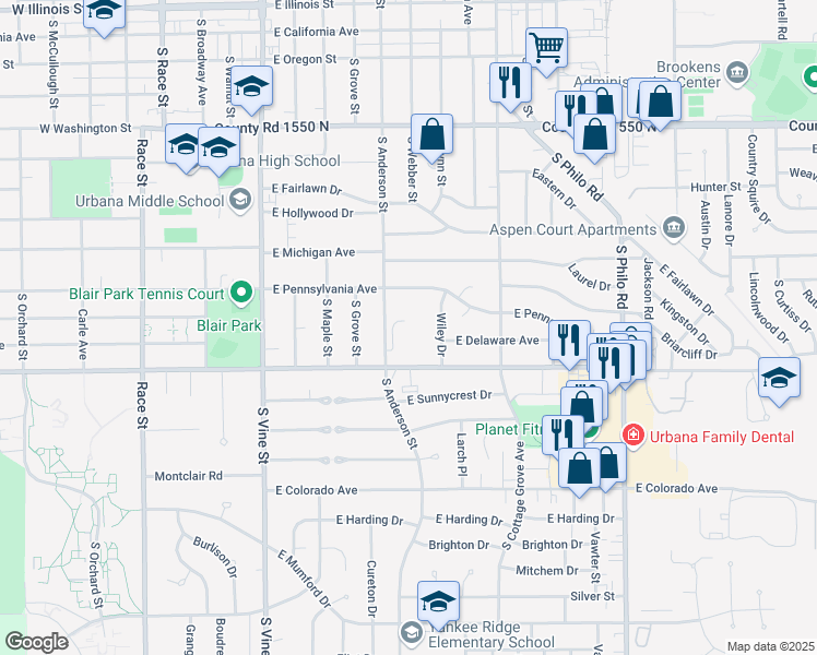 map of restaurants, bars, coffee shops, grocery stores, and more near 1602 South Anderson Street in Urbana
