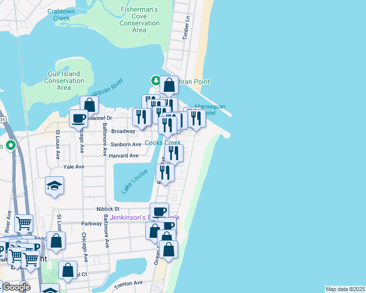 map of restaurants, bars, coffee shops, grocery stores, and more near 5 Bowling Green in Point Pleasant Beach
